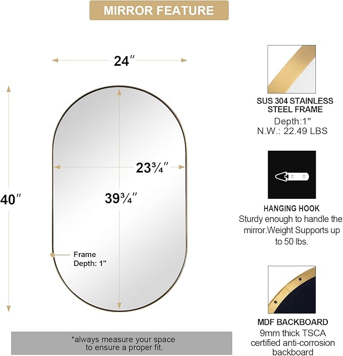 Andy Star Brass Oval Mirror, 24x40 Inch Bathroom Mirror Gold, Brass Vanity Mirror, Pill Shaped Mirrors Gold Metal Frame Stainless Steel 1’’ Deep Hang Vertically & Horizontally