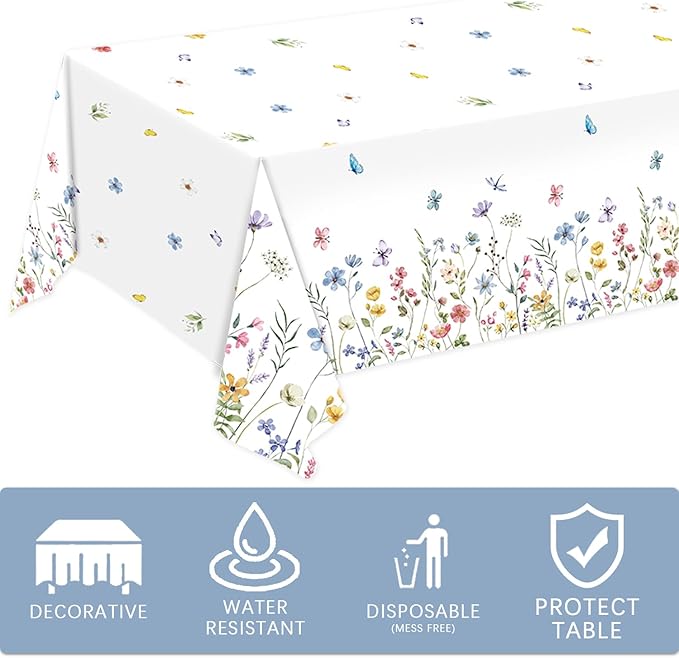 3 Pack Spring Floral Tablecloth, Wildflower Butterfly Plastic Table Cover for Easter, Birthday, Wedding, Tea, Wildflower Party Decorations, 54 x 108 Inch