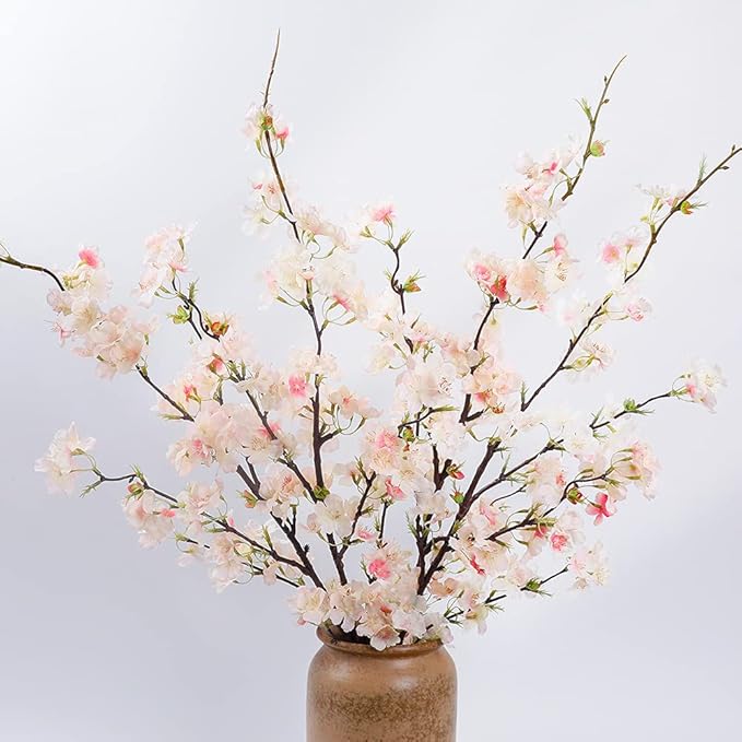 LESING 4pcs Artificial Cherry Blossom Stems,41.4" Realistic Fake Silk Long Stems Artificial Flower Branches for Floor Table Home Wedding Decoration (Light Pink -1)