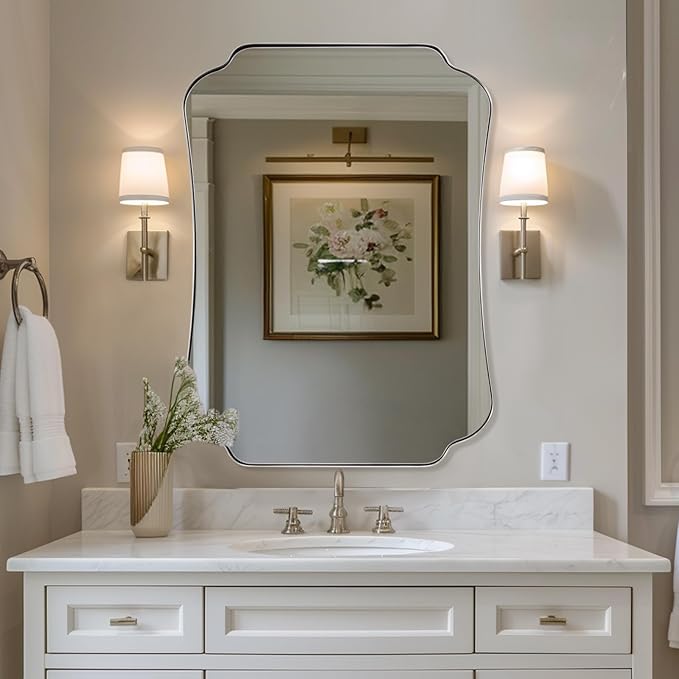 ANDY STAR 24"x36" Brushed Nickel Mirror, Scalloped Bathroom Wall Mirror with Metal Frame for Vanity, Vintage Notched Edges Design Ideal for Entryway, Living Room & Bedroom Decor