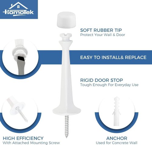 HOMOTEK Heavy Duty Door Stop - 3 Pack Solid Rigid Design with Soft Rubber Tip | White Finish