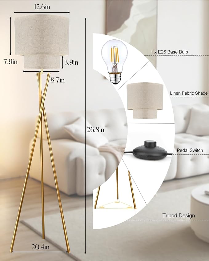 Lightdot Tripod Floor Lamp, Modern Floor Lamps for Living Room, Standing Lamp with Dual Drum, E26 Bulb Included, 67.7" Tall Floor Lamp for Bedroom, Home Office