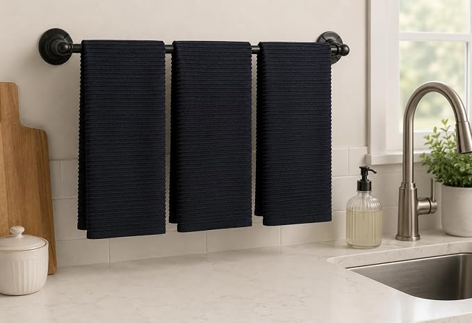 Serafina Home Oversized Solid Color Dark Navy Blue Kitchen Dish Towels: 100% Cotton Cloth Soft Cleaning Drying Absorbent Ribbed Terry Loop, Set of 3 Multipurpose for Everyday Use (Navy Blue)