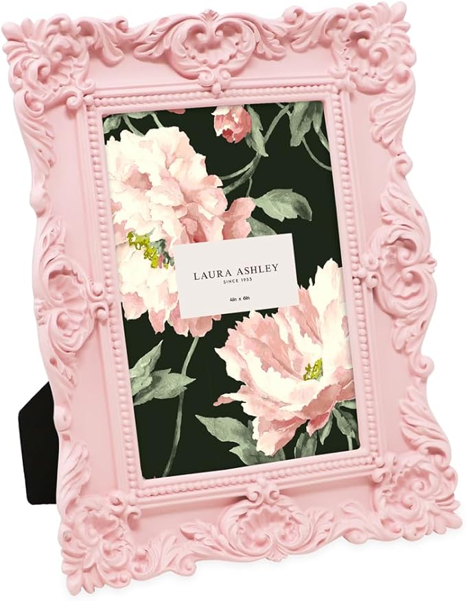 Laura Ashley 4x6 Pink Ornate Textured Hand-Crafted Resin Picture Frame with Easel & Hook for Tabletop & Wall Display, Decorative Floral Design Home Décor, Photo Gallery, Art, More (4x6, Pink)