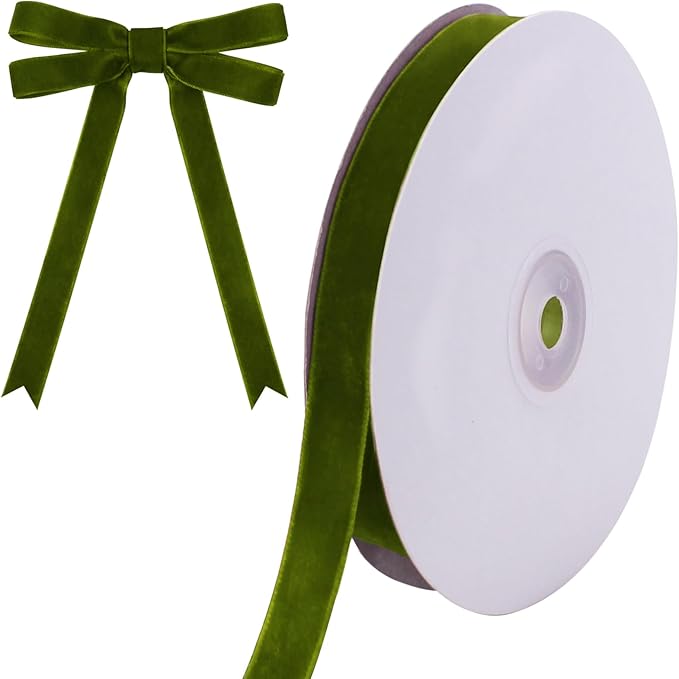10 Yards Olive Green Velvet Ribbon 5/8 Inch for Christmas Tree,Green Velvet Christmas Ribbon for Gift Wrapping Crafts Bow Wreath Holiday Decorations (Olive Green)