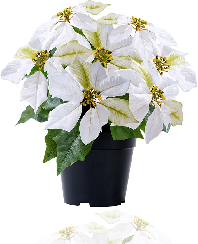 Artificial Poinsettia Flowers - 14Inch Faux Christmas Plant, Cream Winter Flowers for Indoor/Outdoor Xmas Ornament, Porch & Home Garden Decorations