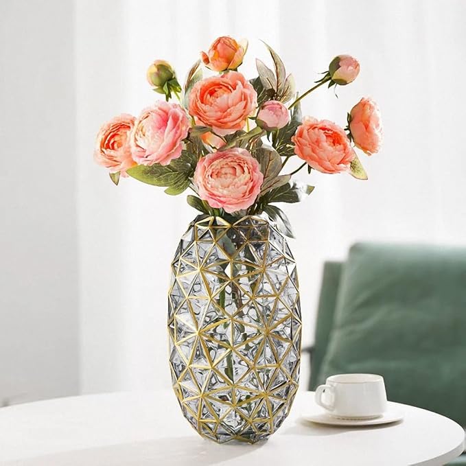 Hand Painted Gold and Grey Diamond Shaped Glass Crystal Vase 13.6 inch Tall,Modern Large Glass Home Office Decor for Living Room Dining Table Centerpieces, Birthday and Wedding