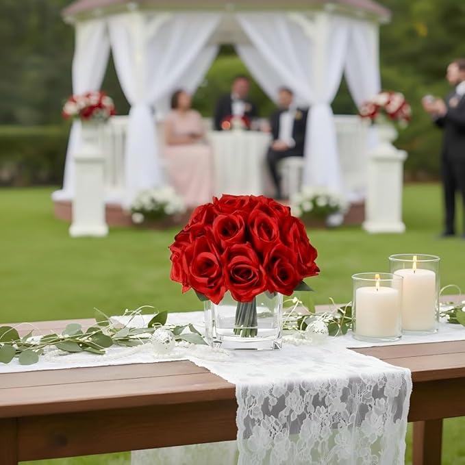 18 Heads Red Rose Fake Flowers in Vase with Fake Water, Silk Rose with Vase for Dining Table Bedroom Wedding Decor (Red)