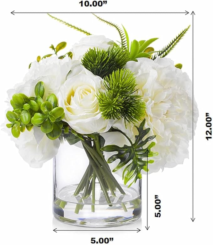 ENOVA FLORAL Artificial Rose Flowers in Vase, Mixed Fake White Rose and Silk Peonies in Vase with Faux Water for Dining Table Centerpieces, Home Decor Indoor