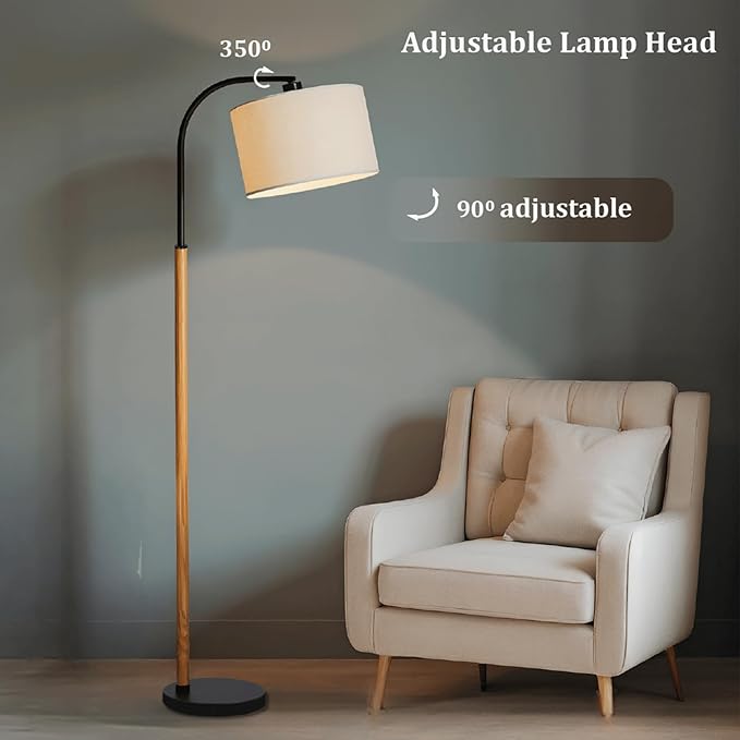 66” Brown Black Arc Floor Lamps for Living Room, 1200 Lumens 3-Level Brightness Wood Floor Lamp for Bedroom, Vintage Mid Century Black Standing Lamp, Adjustable Lampshade, LED Bulb Included