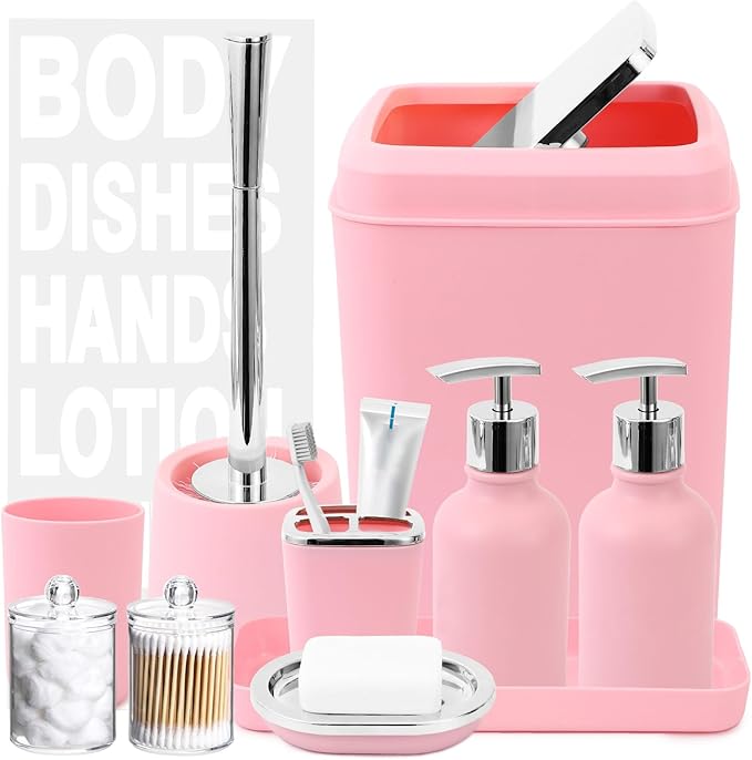XLHOMO Pink Bathroom Accessories Set - 10 Piece Bathroom Set with Trash Can and Toilet Brush, Soap Dispenser, Toothbrush Holder and Cup, Soap Dish, and Qtip Holder, for Housewarming Gift