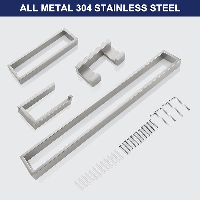 Brushed Nickel 4-Piece Bathroom Hardware Accessories Set, Bathroom Hardware Set including Towel Bar,Towel Holder, Toilet Paper Holder,Towel Hook, SUS304 Stainless Steel Bath Towel Bar Set Wall Mounted
