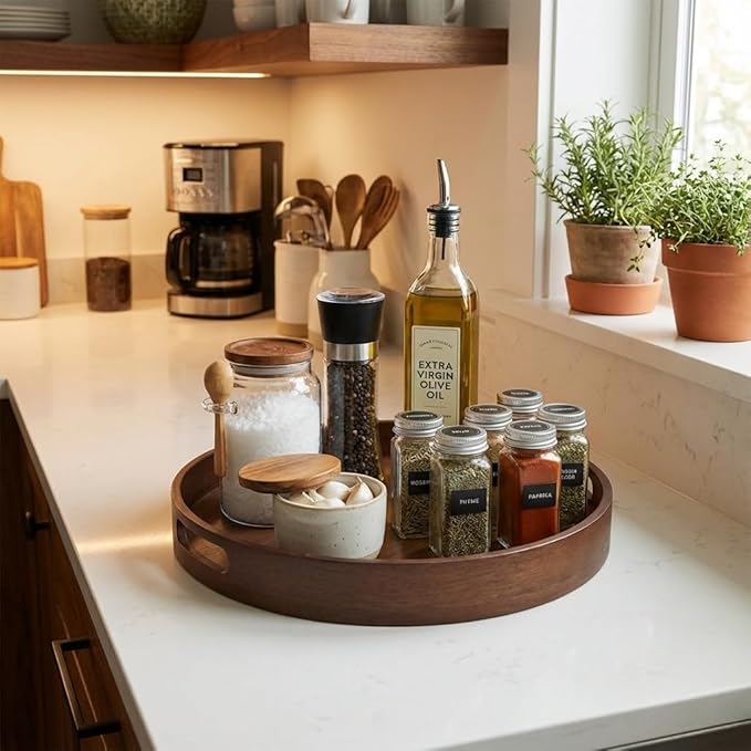 11.8 Inch Rustic Wood Serving Tray with Handles-Small Round, Decorative Tray for Kitchen Living Room Coffee Table Candle Display Breakfast in Bed, Multi-Functional Food & Beverage Tray Farmhouse Style
