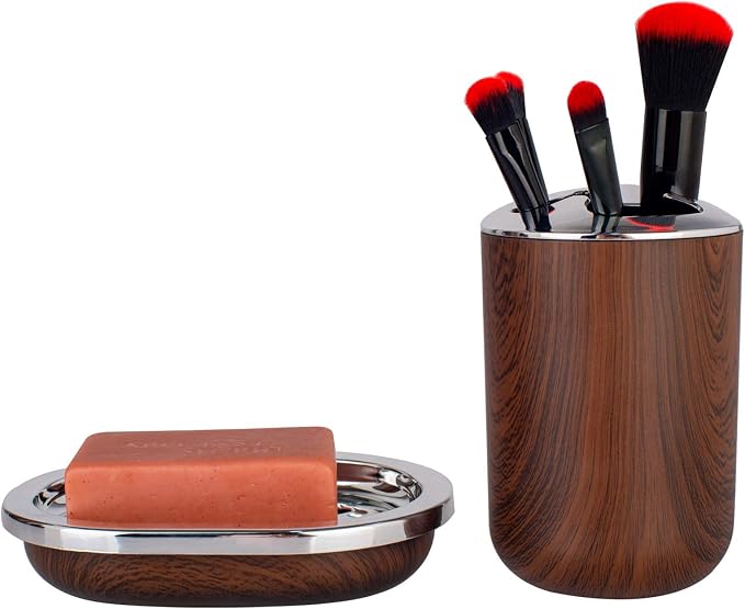 Bathroom Accessories Set 6 Piece Plastic Bath Ensemble Soap Dispenser Toothbrush Holder, Tumbler Soap Dish Soap Saver Trash Can Toilet Brush Holder Decorative Countertop Bathroom Accessoy Set (Brown)