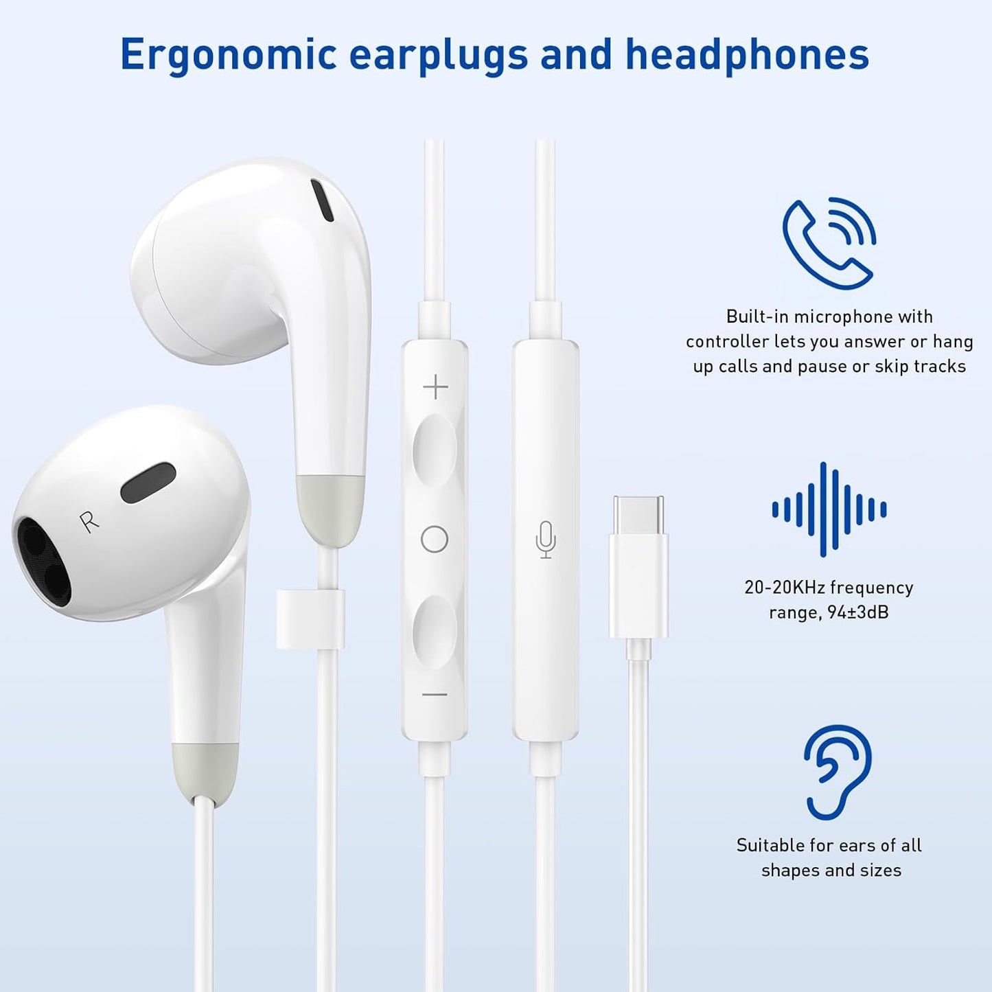 USB C Headphones - Wired Earbuds with Microphone & Remote | Noise Isolating for iPhone 15/16/17 Pro Max, iPad Pro, Galaxy S23/S24/S25