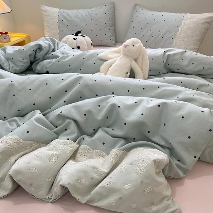 LifeTB Romantic Lace Comforter Set Queen Cute Polka Dots Comforter with 2 Pillowcases Fluffy Soft Microfiber Black Dots Bedding Set for Teens Girls Lightweight Princess Style Queen Comforter Set