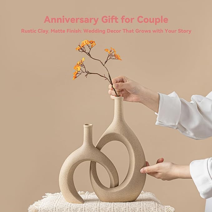 Intertwined Couple Vase Set - 2-Piece Ceramic Vases for Anniversary/Wedding Gifts, Rustic Farmhouse Decorative Vase for Living Room/Dresser, Gifts for Couples (His & Hers)