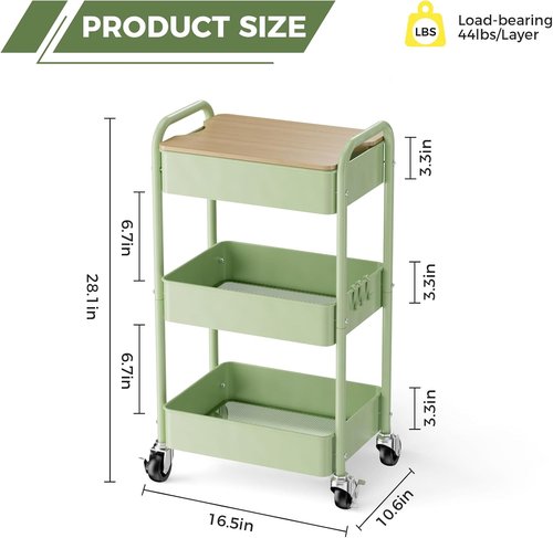 Skiennix 3-Tier Rolling Cart - Sturdy Metal Utility Organizer with Locking Wheels & Hooks | Versatile for Office, Kitchen, Bathroom