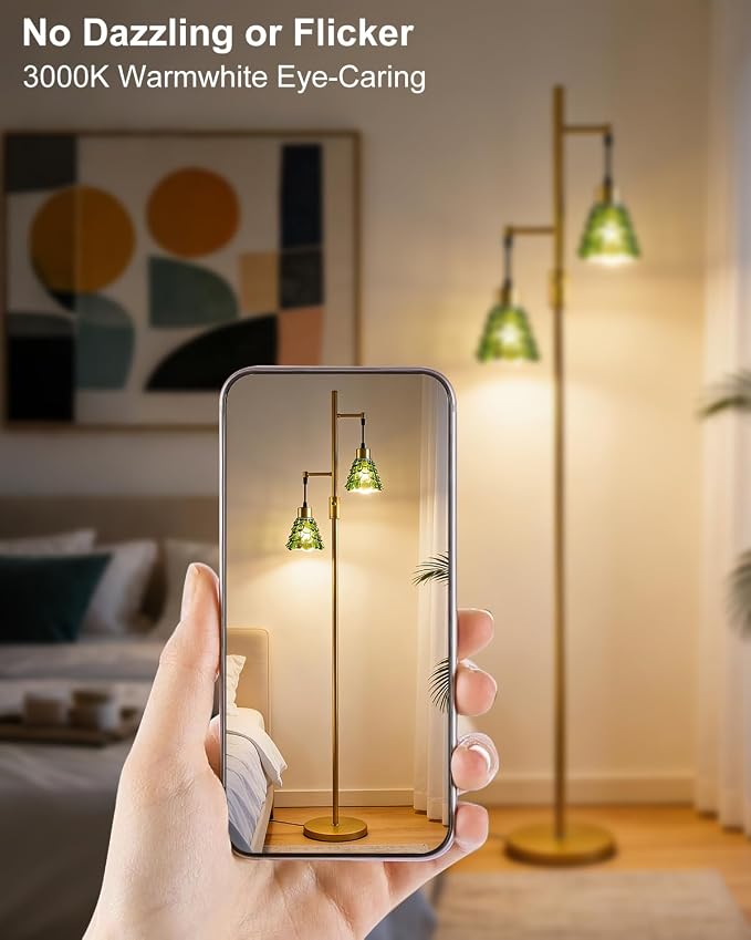 Lightdot 65IN Glass Floor Lamp for Living Room, 2- Light Gold Floor Lamps with Green Glass Shade& Warm White Bulbs, Modern Standing Tall Lamp with 5Lbs Heavy Base for Bedroom/Corner Beside/Home Decor