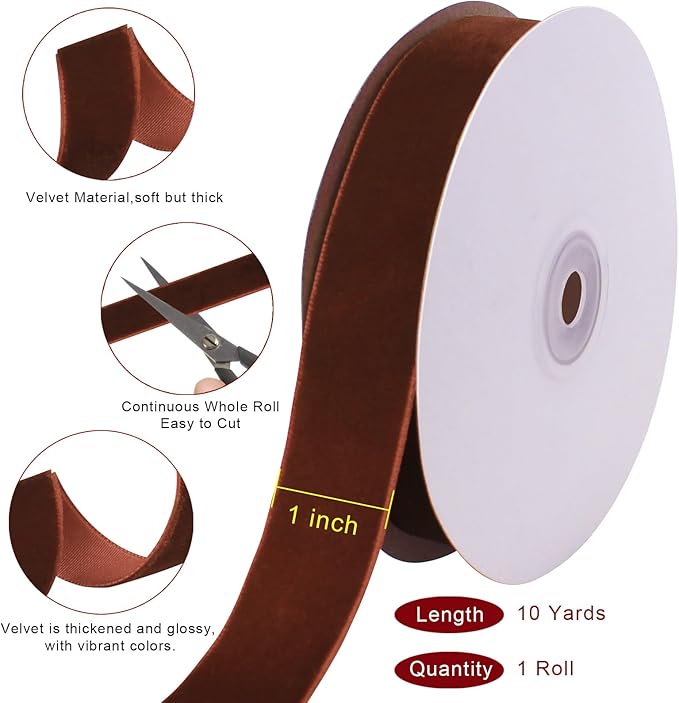10 Yards Brown Velvet Ribbon 1 Inch for Christmas Tree,Velvet Christmas Ribbon for Gift Wrapping Crafts Bow Wreath Holiday Decorations (Brown)