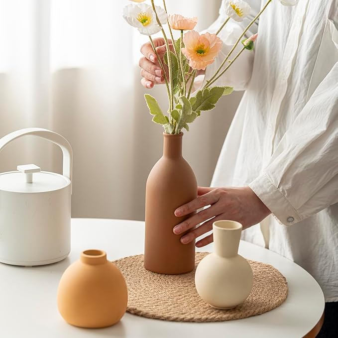 Modern Ceramic Vase Set of 3, Decorative Flower Vases for Home, Multicolor Pottery Vases for Living Room, Kitchen, Bedroom, Shelf, Rustic Farmhouse (Brown Mix)