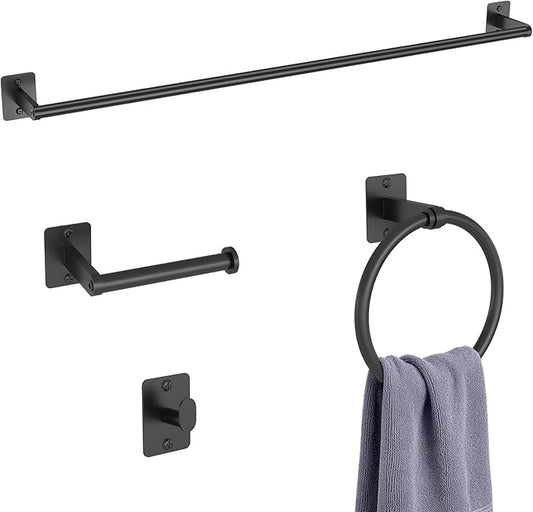 KLJKPA 4 Pieces Bathroom Hardware Set, 32 inch Towel Bar, Matte Black Bathroom Accessories Set, Towel Racks for Bathroom, Robe Towel Hooks, Toilet Paper Holder Wall Mounted