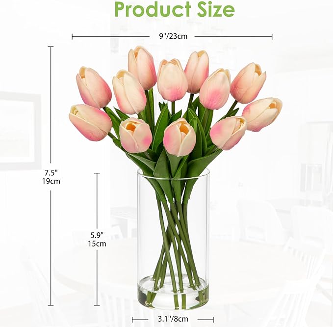 12 Pcs Artificial Real Touch Tulips Flowers in Glass Vase with Faux Water, Tulips Fake Arrangements Pink Tulip with Vase for Dining Table Home Decor Wedding Centerpieces