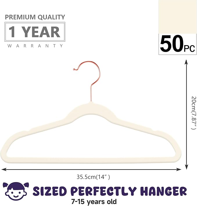 MIZGI Kids Velvet Hangers,Non-Slip Big Kids Hangers,14 Inch Hangers for Youth,Teen Clothes,Pack of 50