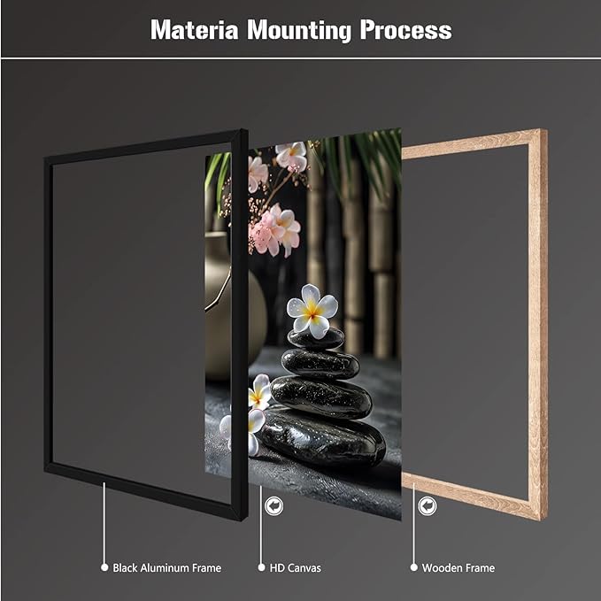 A harmonious black stone stack paired with white and pink flowers bamboo and ceramic vases creates a tranquil Zen decor for minimalist homes and mindful spaces 20x30in Metal blackFramed