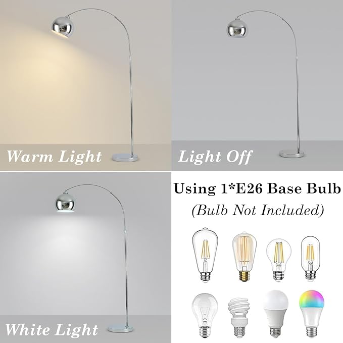 MIXL-Chrome Arc Floor Lamp,Arc Floor Lamps for Living Room,Adjustable Reading Standing Light,Modern Arch Standing Lamp for Bedroom Study Room