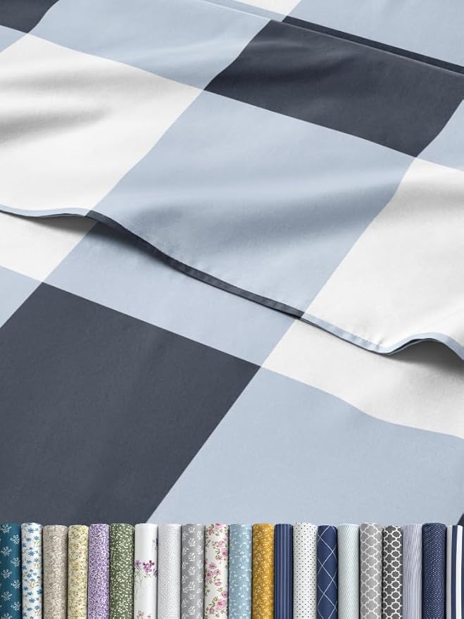Blue Gingham Bed Sheet Set – 1 Flat & 1 Fitted Sheet & 2 Pillowcases w/ Deep Pockets – Grid, Plaid, Checkered Pattern Bedding - Wrinkle & Fade Resistant - Ultra-Soft, Breathable & Cooling - Queen Size