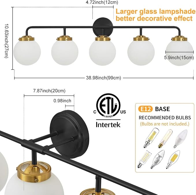 Black Gold Bathroom Light Fixtures Over Mirror, Modern Vanity Lighting with Milk White Glass Globe Shades 5-Light Farmhouse Wall Sconce