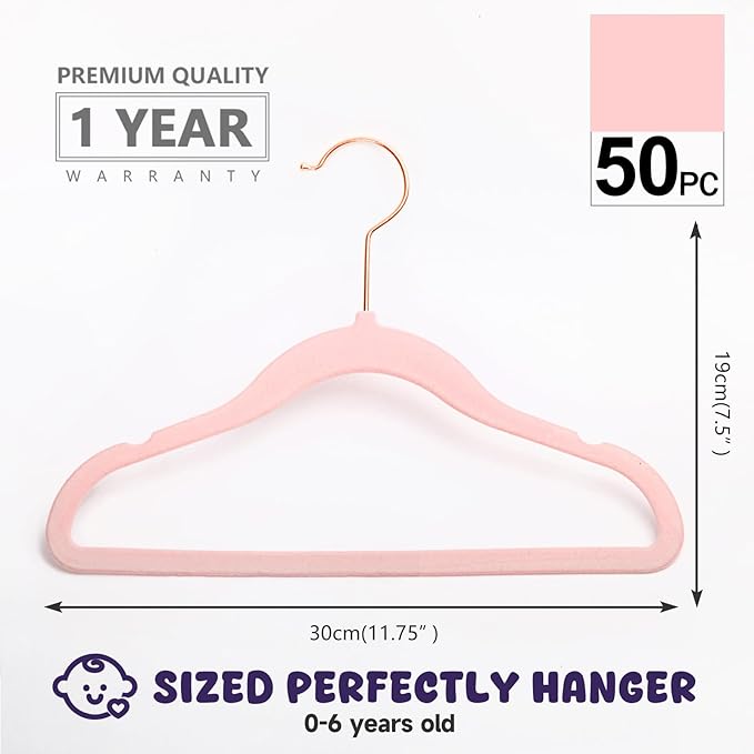 MIZGI Premium Kids Velvet Hangers (Pack of 50) with Copper/Rose Gold Hooks,Space Saving Ultra Thin,Non Slip Baby Hangers for Children's Skirt Dress Pants,Clothes Hangers(Blush Pink)