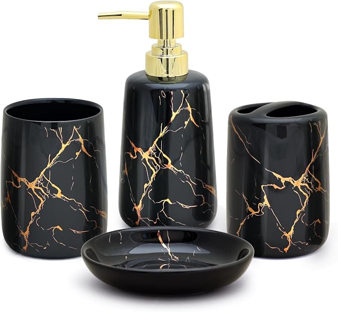 CERBIOR Bathroom Accessories Set,4 Pcs Ceramic Bathroom Decor Accessory,Includes Toothbrush Holder, Toothbrush Cup, Soap Dish for Decorative Countertop and Housewarming Gift(Black 4pcs)