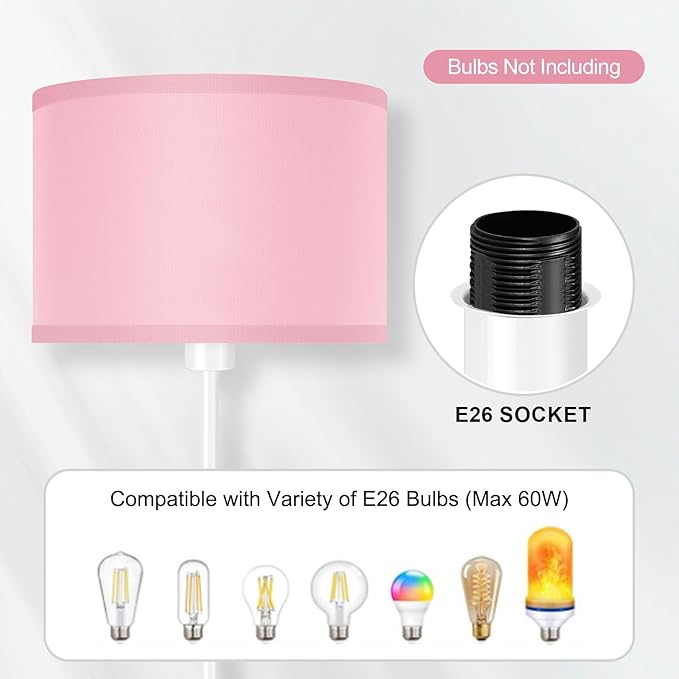 Floor Lamp, Standing Lamp, Short Floor Lamps with Pink Lampshade, 59" Tall Lamps for Bedroom, Foot Switch, Simple Corner Pole Lamp for Kids Room, Girls Room, Living Rooms, Office(NO Bulb, E26 Base)