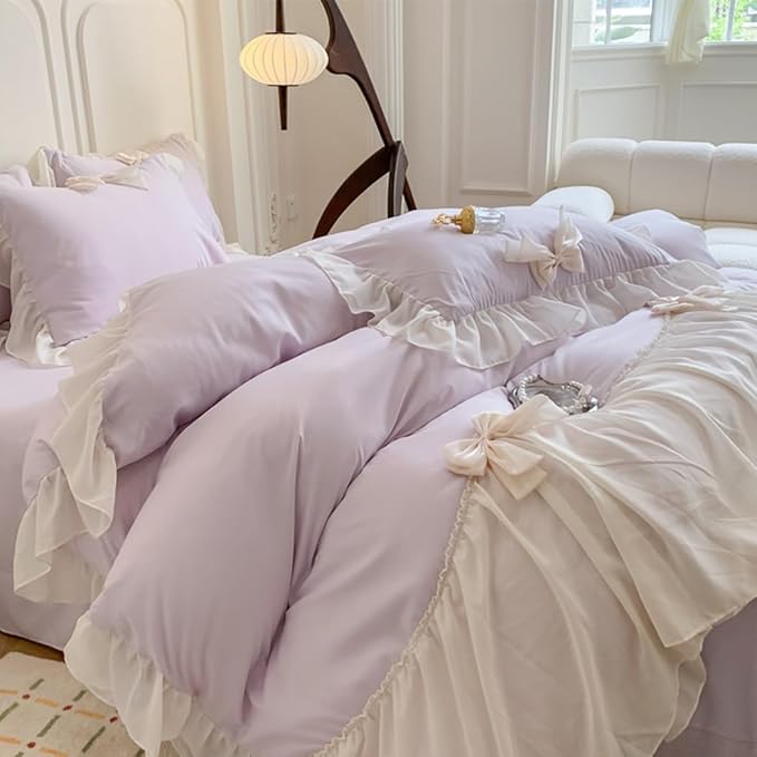 Girls Lace Bedding,Purple Queen Comforter Cover Set, Chic Ruffled Duvet Cover with Lovely Bow,Princess Style 1 Duvet Cover with 2 Pillowcases, No Comforter,Purple,Queen Size