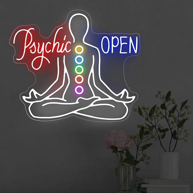 Psychic Open Neon Sign Charka Neon Light, Yoga Led Sign, Exercise Room Wall Decor, Buddha Lotus, Pilates Studio Art Meditation Room Wall Art Yoga Lover Gift, Psychic Chakras Healing Exercise, 20"*x17.3"