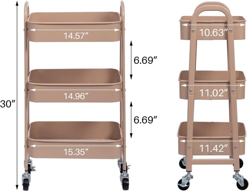 AGTEK 3-Tier Utility Rolling Cart - Lockable Wheels & Metal Storage Organizer for Kitchen, Office, Craft | Blush