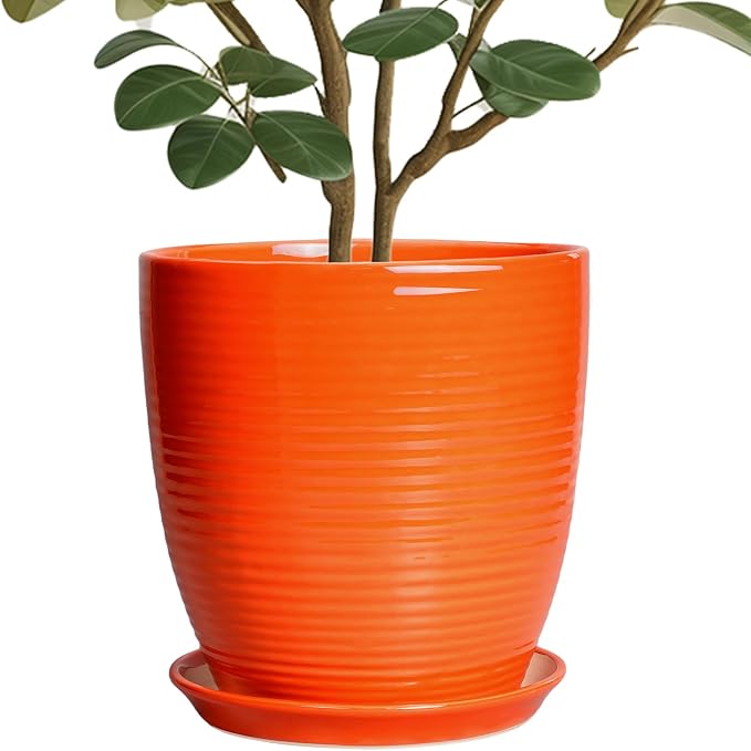 10 Inch Plant Pot, Ceramic Planters for Plants with Drainage and Saucer, Orange