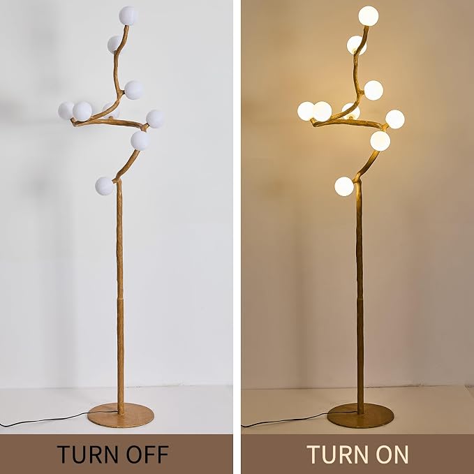 Rustic Farmhouse Tree Floor Lamp, Mid Century Modern Vintage Standing Lamp, 9-Light Moon Floor Lamp with 3D Printed Shades, Retro Branch Floor Light for Living Room Bedroom Officer(66")