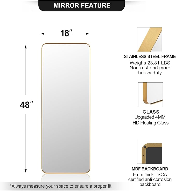 ANDY STAR 18" x 48" Full Length Wall Mirror, Large Brushed Gold Mirror for Bathroom, Rounded Corner Rectangle Body Mirror for Floor and Leaning