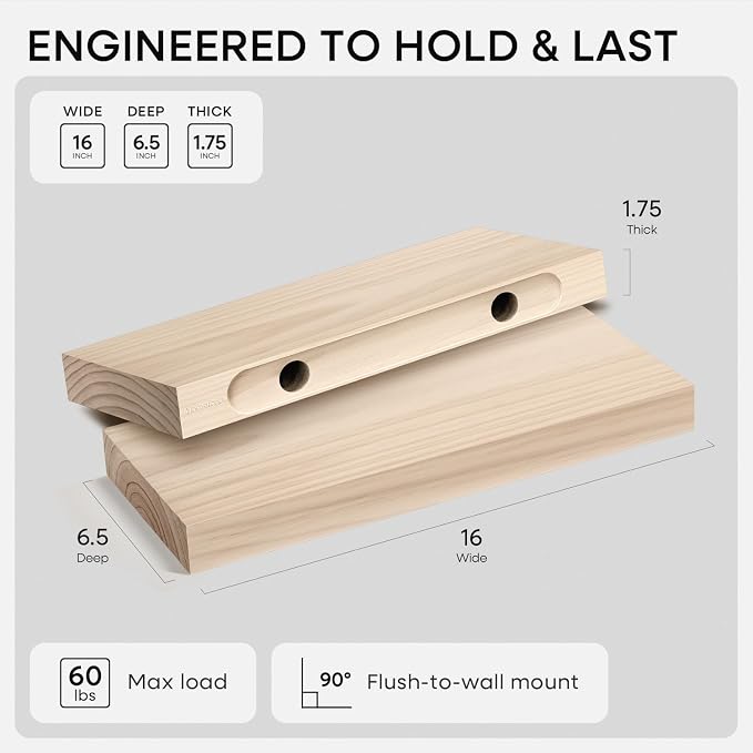 Homeforia Wood Floating Shelf 16 inch, High End Solid Natural Wood 16inch Floating Shelves for Wall Mounted, Unfinished Wooden Small Floating Shelves, Heavy Duty Bracket, 16 X 6.5 X 1.75 in, Set of 4