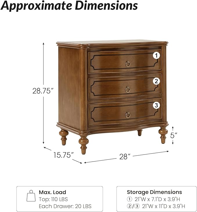 HULALA HOME Traditional Side Tables with 3 Drawers, Tall Side Table with Curved Front Profle Desgin, Charging Station, Solid Wood Legs, Set of 2, SEADRIFT