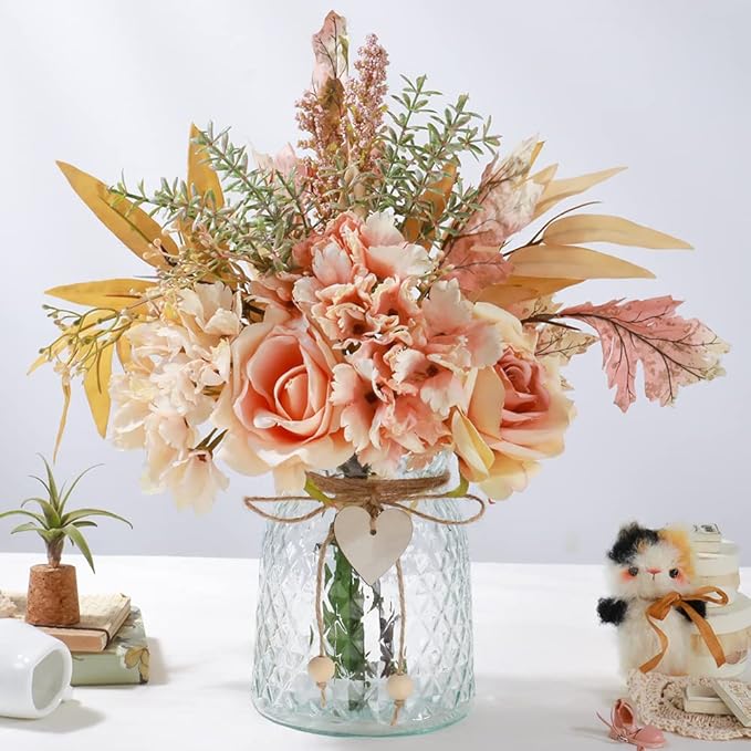 Silk Rose Flowers in Vase, Artificial Flowers Arrangement with Glass Vase Faux Hydrangea Rose for Decoration Table Centerpiece (Hydrangea Rose Pink)