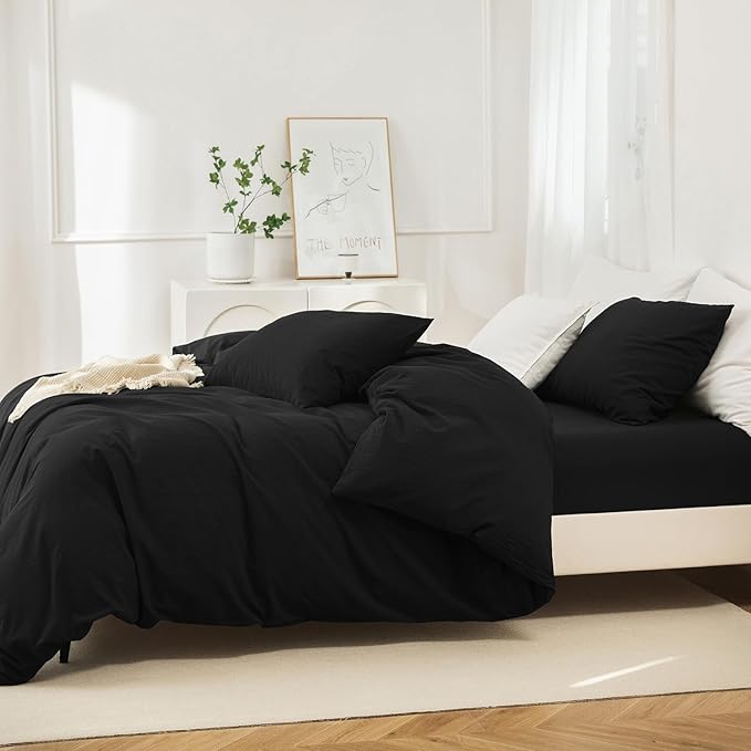 JIYUAN 100% Washed Cotton Duvet Cover Set 3 Pieces Oversized Queen, 1 Duvet Cover 98x98 Inches(Comforter Not Included) and 2 Pillowcases,Linen Feel Bedding Set Comfy and Breathable,Black