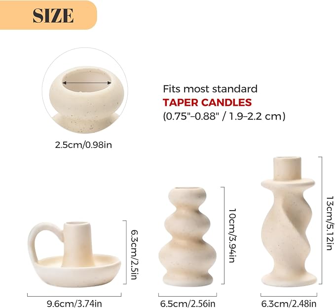 Ceramic Taper Candle Holders Set of 3, Cream White Candlestick Holder Nordic Modern Decorative Candle Stand for Home Decor, Dining Table Centerpiece, Housewarming Gift