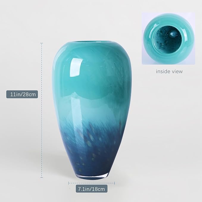 11" Tall Teal Glass Vase for Flowers, Hand Blown Gradient Decorative Vase for Home Decor, Centerpiece, Dining Table, Shelf, Mantel, Bathroom, Entryway, Countertop, Gift for Friends