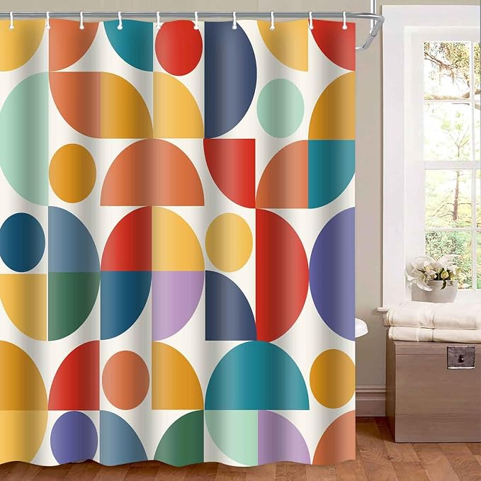 Vintage Colorful Rainbow Mid Century Shower Curtain Modern Abstract Geometric Art Bathroom Curtain Decor 60x72 Inch Washable Fabric Bright Retro Boho Circle Patterned Bath Curtain with 10 Hooks