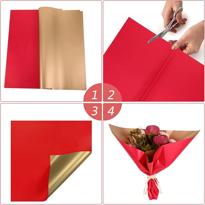 PartyKindom 20Pcs Double-sided Flower Wrapping Paper Bouquet Packing Paper for Floral Arrangements and Wrapping Red and Gold Design for Weddings Birthdays and Special Occasions