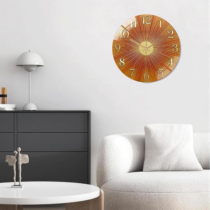 12 Inch Orange Sunburst Glass Wall Clock Silent Art Decor | Silent glossy clock with warm orange sunburst and gold numbers, accurately tracking time for your retro living room